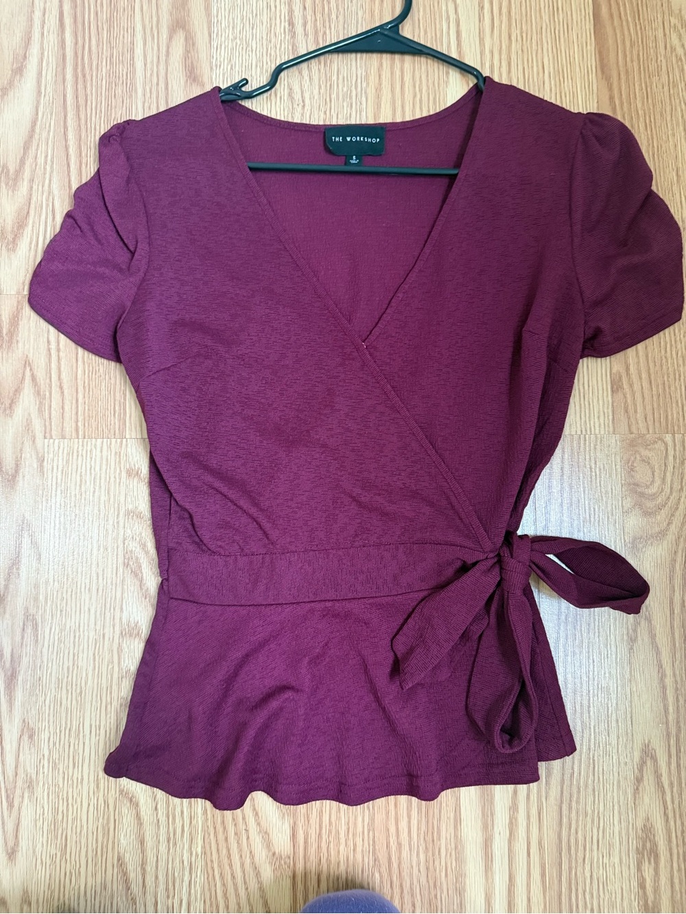 Workshop Republic Clothing Women's Burgundy Wrap Short-Sleeve Peplum Top